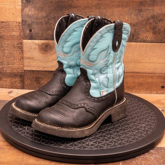 JUSTIN GYPSY WOMENS COWGIRL BOOTS BLACK TEAL LEATHER FARM RANCH COWBOY SIZE 7B - Picture 1 of 9